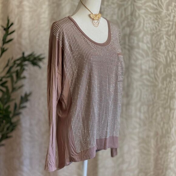 Alberto Makali Tan Stretchy Long Sleeve Rhinestone Shirt Glam Bling‎ Size M - Picture 2 of 8